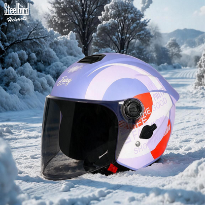 Steelbird SBH-80 Fairy FR5 ISI Certified Open Face Graphic Helmet for Women (Glossy Purple Red with Smoke Visor)