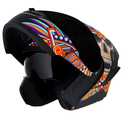 Steelbird SBA-8 Hunt ISI Certified Flip-Up Graphic Helmet for Men and Women with Inner Smoke Sun Shield (Glossy Black Orange with Black Spoiler and Smoke Visor)