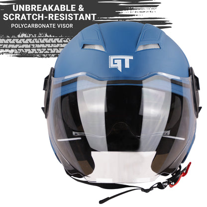 Steelbird SBH-31 GT Dashing ISI Certified Open Face Helmet for Men and Women with Inner Sun Shield ( Dual Visor Mechanism ) (Dashing Blue)