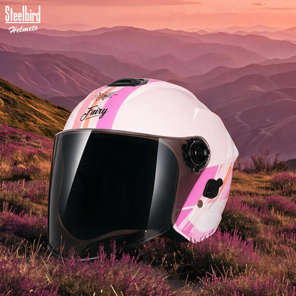 Steelbird SBH-80 Fairy FR8 ISI Certified Open Face Graphic Helmet for Women (Glossy Coral Peach Pink with Smoke Visor)