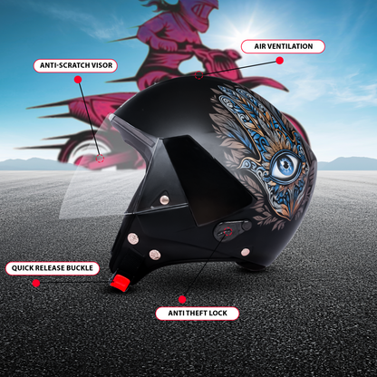 SBH-5 Hamsa Eye Graphic Helmet ISI Certified Open Face Helmet for Women (Glossy Black Golden)