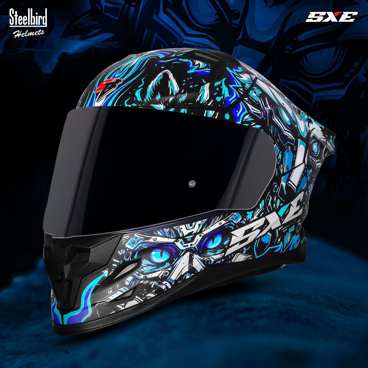 Steelbird SBH-61 SXE X1 Pinlock ISI and Dot Certified Full Face Helmet for Men with Inner Silver Sunshield (Glossy Black Sky Blue with Smoke Visor)