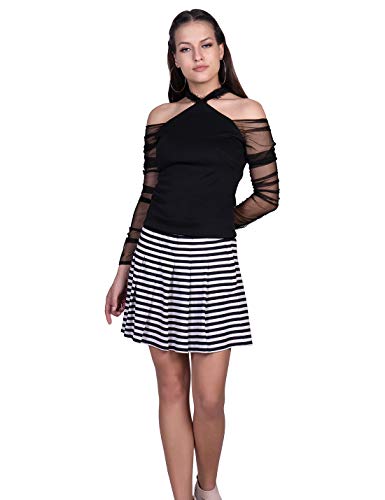 ORZEL Girls Stripe Knife Pleated Skirt Short Length Front Zip Fly with Snap Button Latest Women Western Short Dresses (Black/White Stripe)