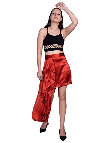 ORZEL Girls/Women’s Satin Asymmetrical Ruffle Skirt Latest Women Western Short Dresses (Rust Orange)