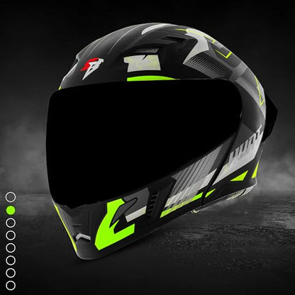 Steelbird SBA-20 Hunt ISI Certified Flip-Up Graphic Helmet for Men and Women with Inner Smoke Sun Shield (Matt Black Neon with Black Spoiler and Smoke Visor)