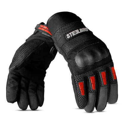 Steelbird Khardungla Full Finger Bike Riding Gloves with Touch Screen Sensitivity at Thumb and Index Finger, Protective Off-Road Motorbike Racing (Red)