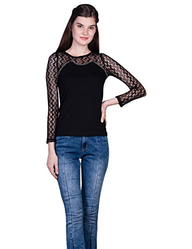 ORZEL Round Neck Studded Lace Full Sleeves Fitted Top ( Black)