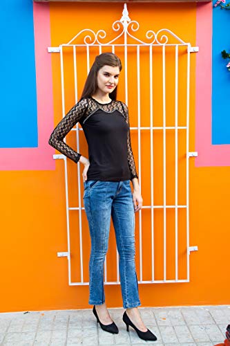 ORZEL Round Neck Studded Lace Full Sleeves Fitted Top ( Black)