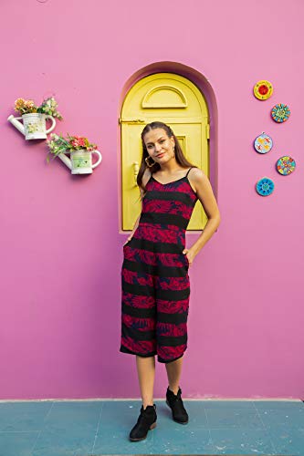 ORZEL Girls/Women’s Floral Print Jump Suit with Two Pockets Sleeveless Calf Length (Black Floral Print)