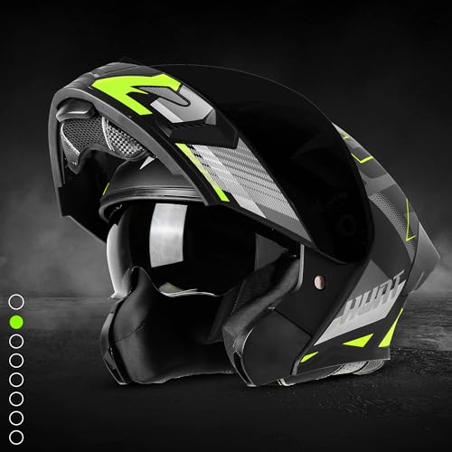 Steelbird SBA-20 Hunt ISI Certified Flip-Up Graphic Helmet for Men and Women with Inner Smoke Sun Shield (Matt Black Neon with Black Spoiler and Smoke Visor)