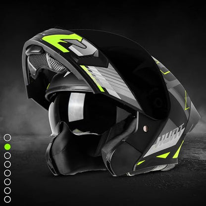 Steelbird SBA-20 Hunt ISI Certified Flip-Up Graphic Helmet for Men and Women with Inner Smoke Sun Shield (Matt Black Neon with Black Spoiler and Smoke Visor)