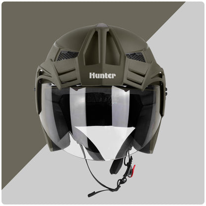 Steelbird SBH-23 Hunter ISI Certified Open Face Helmet for Men and Women (Dashing Battle Green with Clear Visor)