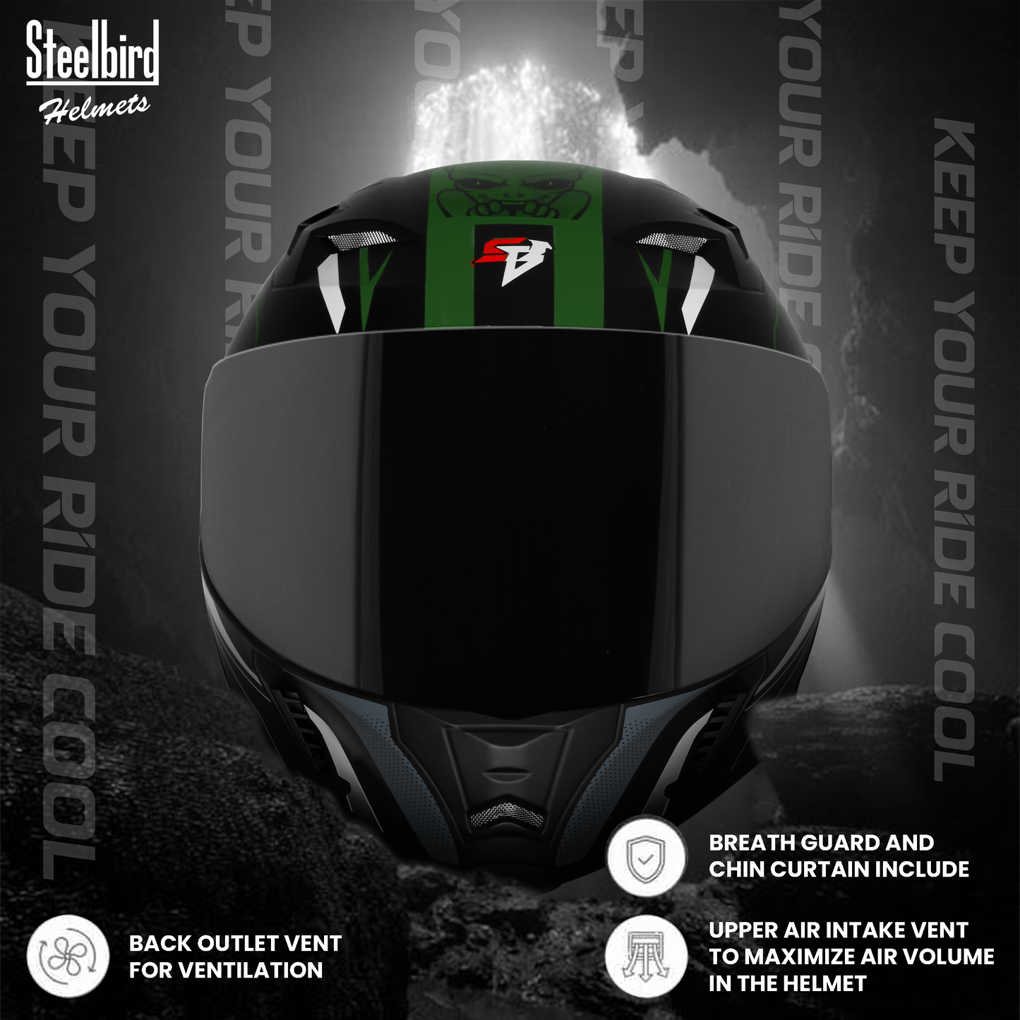 Steelbird SBA-20 Strange ISI Certified Flip-Up Graphic Helmet for Men and Women with Inner Silver Sun Shield (Glossy Black Battle Green with Smoke Visor)