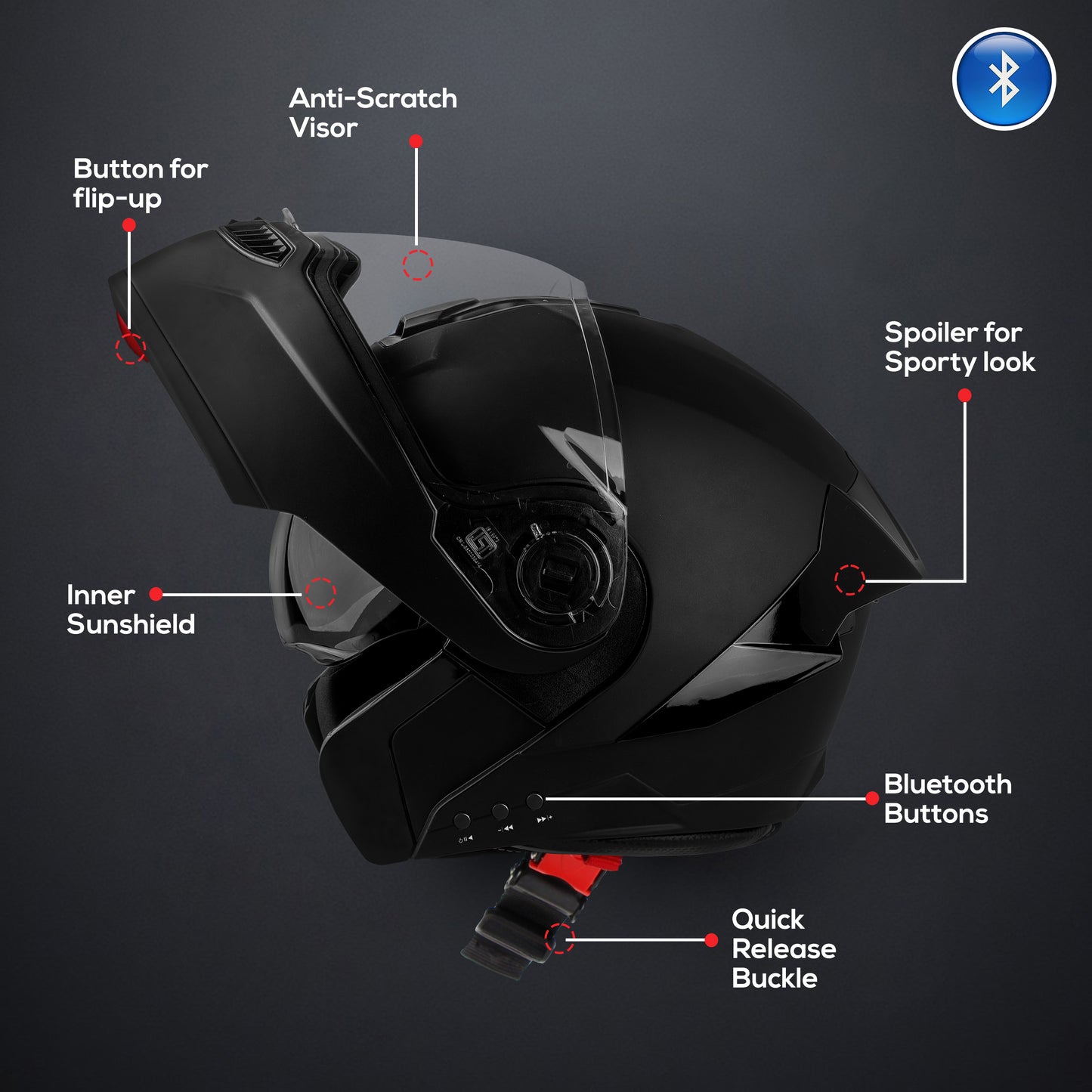 Steelbird Bluetooth Flip Up ISI Certified Helmet for Men and Women with Inner Smoke Sun Shield | SBA-8 7Wings (Glossy Black)