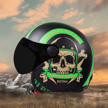 Steelbird SBH-54 Chopper Squad ISI Certified Open Face Helmet for Men and Women (Glossy Black Green)