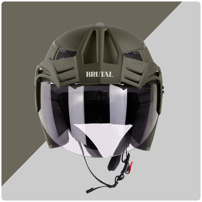 Steelbird SBH-23 Brutal ISI Certified Open Face Helmet for Men and Women (Dashing Battle Green with Clear Visor)
