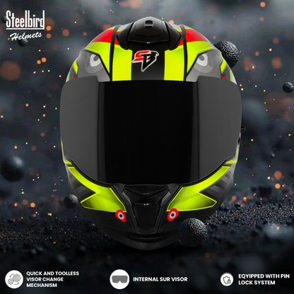 Steelbird SBH-57 Fighter F8 ISI and DOT Certified Full Face Graphic Helmet for Men and Women with Inner Silver Sun Shield (Glossy Black Neon)