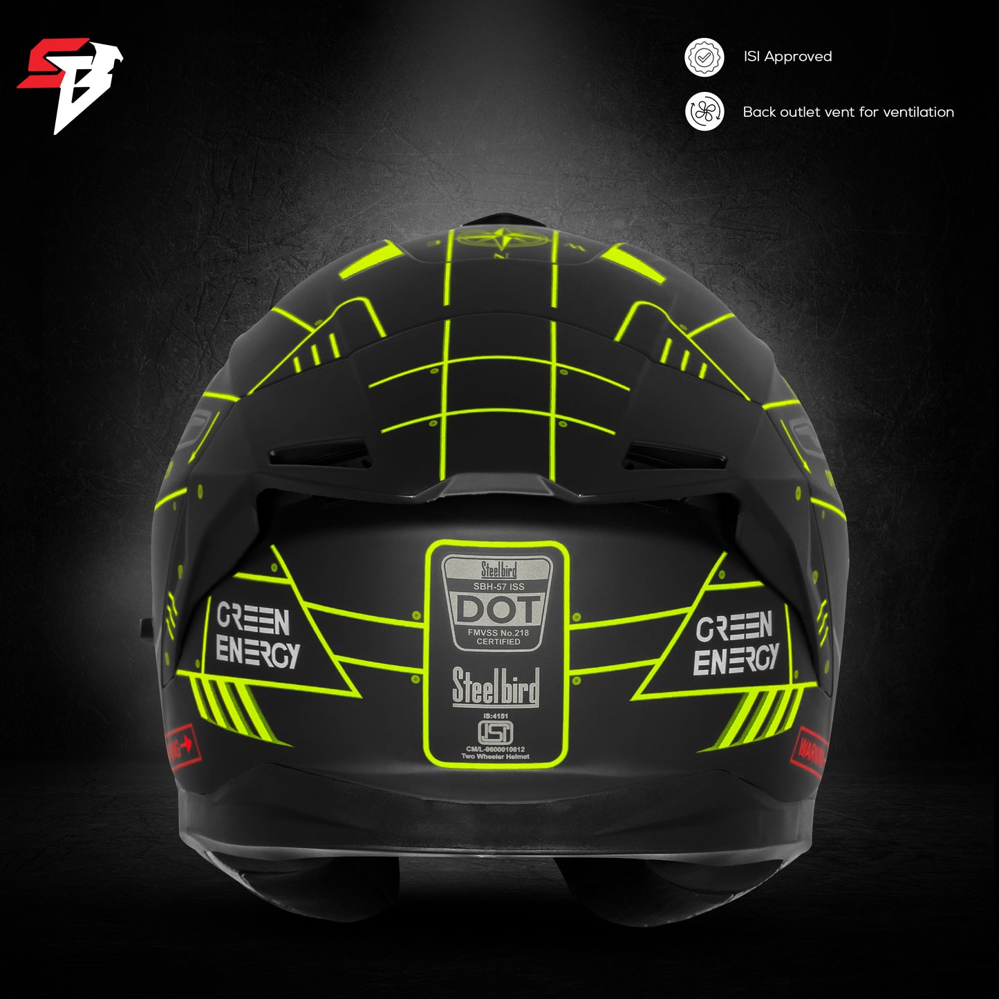 Steelbird SBH-57 Fighter F6 ISI and DOT Certified Full Face Graphic Helmet for Men and Women with Inner Silver Sun Shield (Glossy Black Neon)