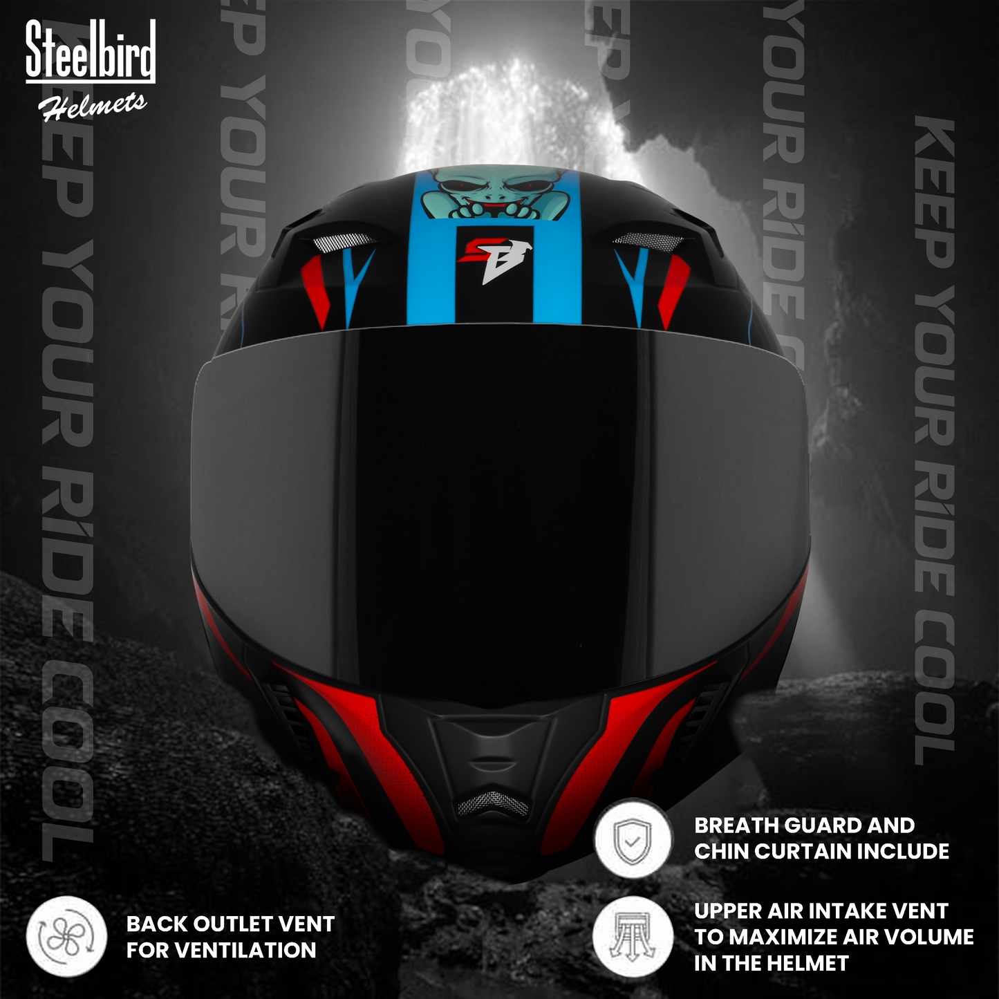 Steelbird SBA-20 Strange ISI Certified Flip-Up Graphic Helmet for Men and Women with Inner Silver Sun Shield (Glossy Black Cyan Green with Smoke Visor)
