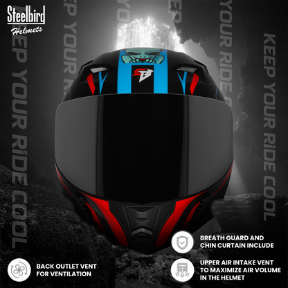 Steelbird SBA-20 Strange ISI Certified Flip-Up Graphic Helmet for Men and Women with Inner Silver Sun Shield (Glossy Black Cyan Green with Smoke Visor)