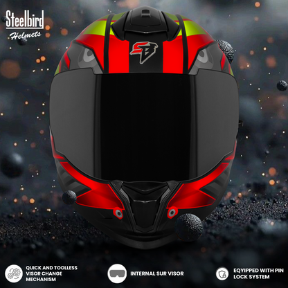 Steelbird SBH-57 Fighter F8 ISI and DOT Certified Full Face Graphic Helmet for Men and Women with Inner Silver Sun Shield (Glossy Black Red)