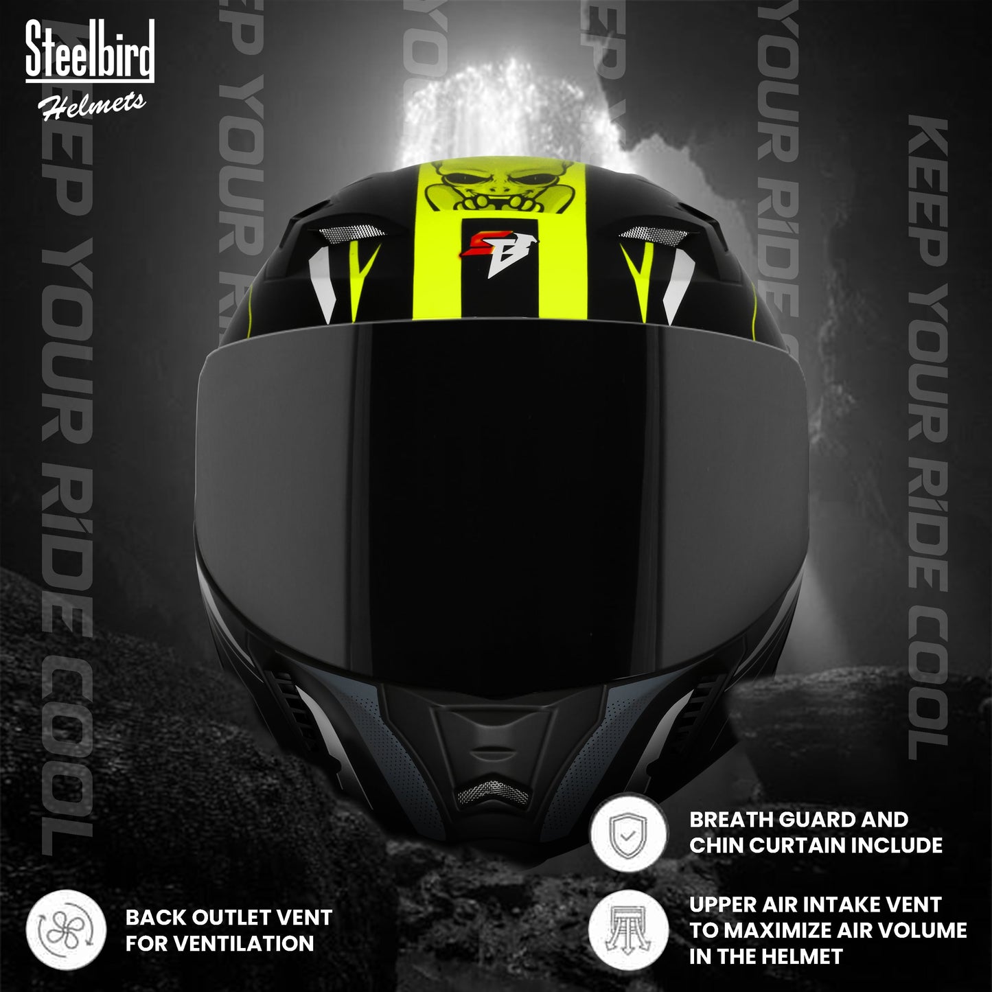 Steelbird SBA-20 Strange ISI Certified Flip-Up Graphic Helmet for Men and Women (Glossy Black Neon with Smoke Visor)