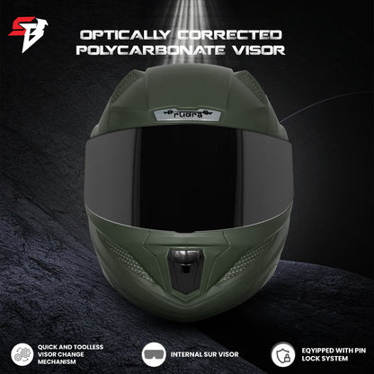 Steelbird SBH-25 Rudra ISI Certified Full Face Helmet for Men and Women (Dashing Battle Green With Smoke Visor)
