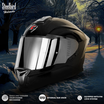 Steelbird SBH-57 Fighter F9 ISI and DOT Certified Full Face Helmet for Men and Women with Inner Silver Sun Shield and Silver Spoiler (Glossy Black)