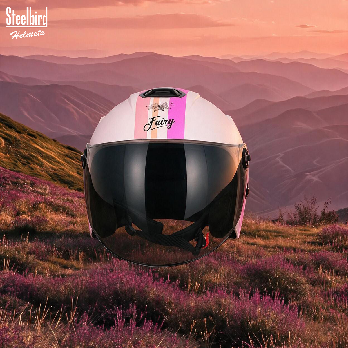 Steelbird SBH-80 Fairy FR8 ISI Certified Open Face Graphic Helmet for Women (Glossy Coral Peach Pink with Smoke Visor)