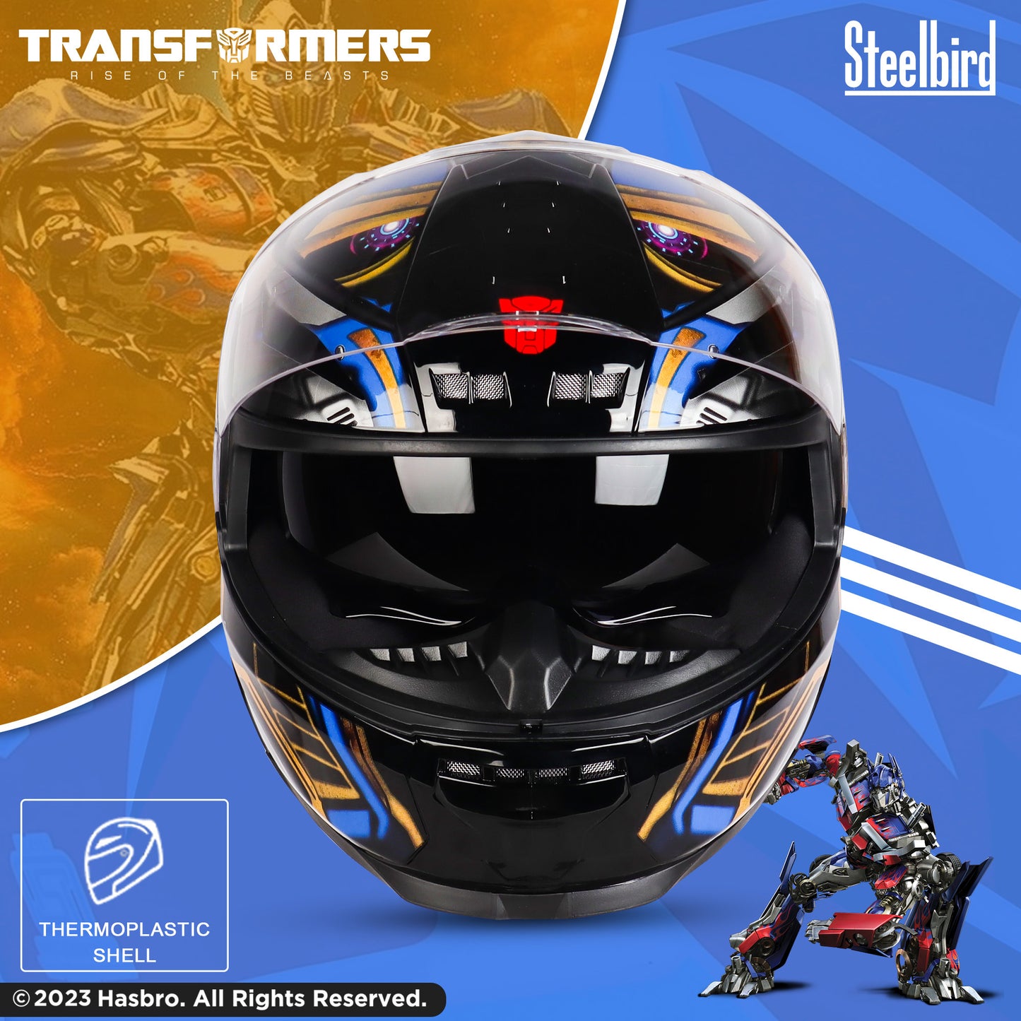 Steelbird SBH-40 Transformers Optimus Prime ISI Certified Full Face Graphic Helmet for Men and Women with Inner Smoke Sun Shield (Matt Black Gold)