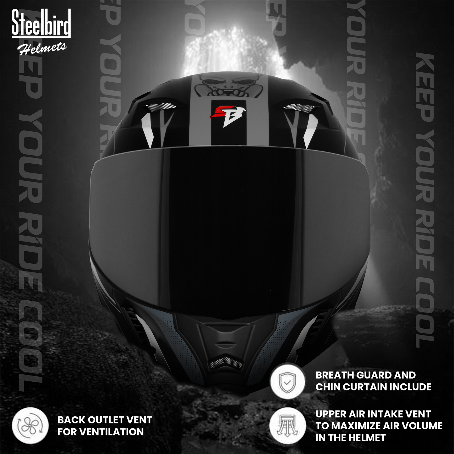 Steelbird SBA-20 Strange ISI Certified Flip-Up Graphic Helmet for Men and Women with Inner Silver Sun Shield (Glossy Black Grey with Smoke Visor)