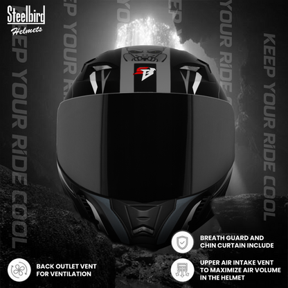 Steelbird SBA-20 Strange ISI Certified Flip-Up Graphic Helmet for Men and Women with Inner Silver Sun Shield (Glossy Black Grey with Smoke Visor)