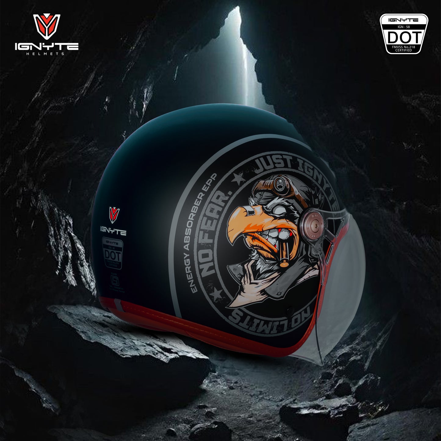 Ignyte IGN-58 Eagle ISI and DOT Certified Open Face Graphic Helmet for Men and Women (Glossy Black Grey)