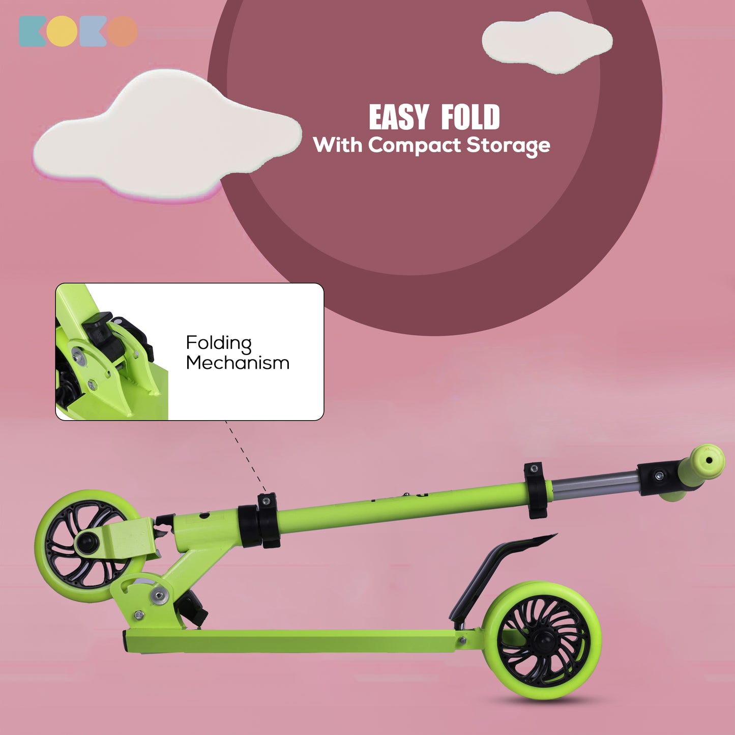 Refurbished Koko Rowdy Kick Skate Scooter with Adjustable Height and Portable, Kids Scooter with Led PVC Wheels for Age 3+ (Max User Weight: 50kg) (Green)