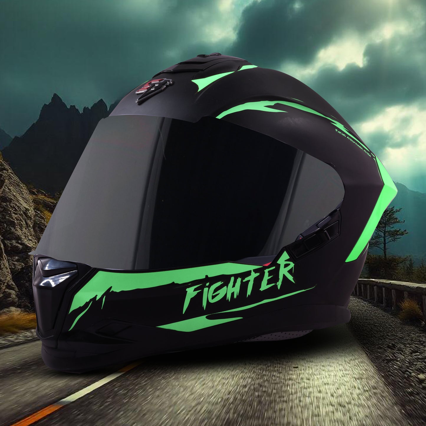 Steelbird SBH-57 Fighter F2 ISI and DOT Certified Full Face Helmet for Men and Women With Inner Silver Sun Shield (Glossy Black Green)