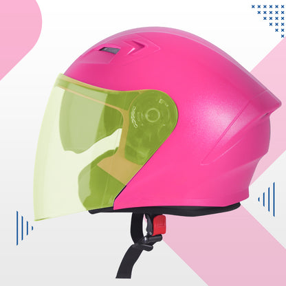 Steelbird SBA-17 7Wings ISI Certified Open Face Helmet for Men and Women with Inner Smoke Sun Shield (Dashing Pink with Tinted Yellow Visor)