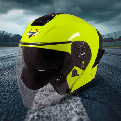 Steelbird SBA-10 7Wings ISI Certified Open Face Helmet for Men and Women with Inner Smoke Sun Shield (Glossy Fluo Neon)