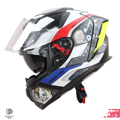 Ignyte IGN-4 Machine ISI/DOT Certified Full Face Graphic Helmet with Outer Anti-Fog Clear Visor and Inner Smoke Sun Shield (Matt White Blue)