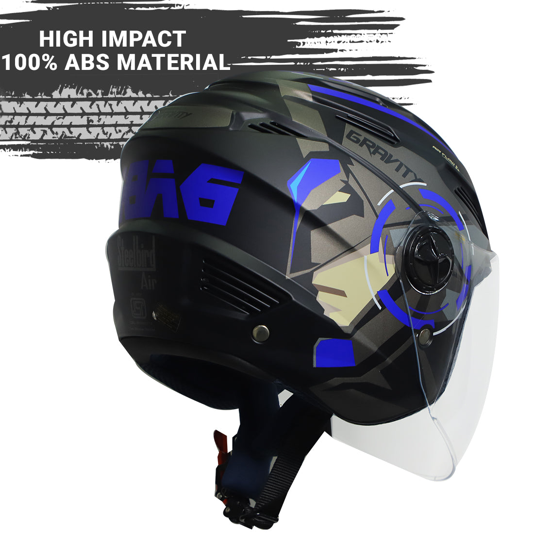 Steelbird SBA-6 7Wings Gravity ISI Certified Open Face Graphic Helmet for Men and Women (Matt Black Blue with Clear Visor)