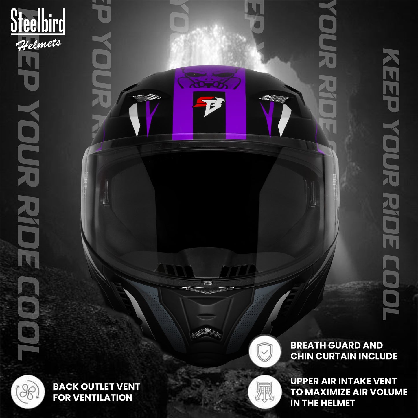 Steelbird SBA-20 Strange ISI Certified Flip-Up Graphic Helmet for Men and Women (Glossy Black Purple)