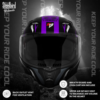 Steelbird SBA-20 Strange ISI Certified Flip-Up Graphic Helmet for Men and Women (Glossy Black Purple)