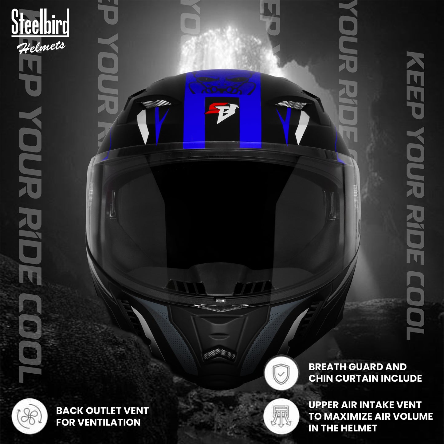 Steelbird SBA-20 Strange ISI Certified Flip-Up Graphic Helmet for Men and Women (Glossy Black Blue)