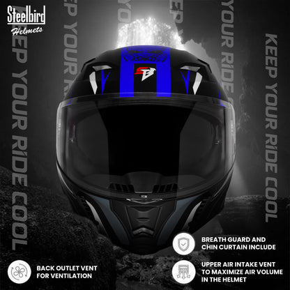 Steelbird SBA-20 Strange ISI Certified Flip-Up Graphic Helmet for Men and Women (Glossy Black Blue)