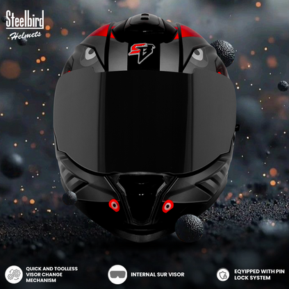 Steelbird SBH-57 Fighter F8 ISI and DOT Certified Full Face Graphic Helmet for Men and Women with Inner Silver Sun Shield (Glossy Black Grey)