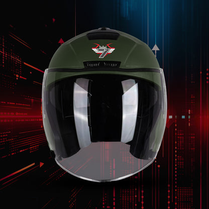 Steelbird SBA-9 7Wings  ISI Certified Open Face Helmet for Men and Women with Inner Smoke Sun Shield (Dashing Battle Green)