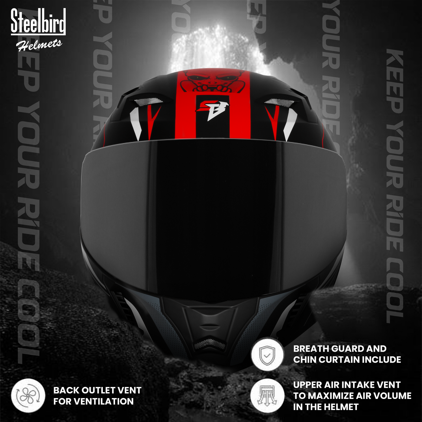 Steelbird SBA-20 Strange ISI Certified Flip-Up Graphic Helmet for Men and Women with Inner Silver Sun Shield (Glossy Black Red with Smoke Visor)
