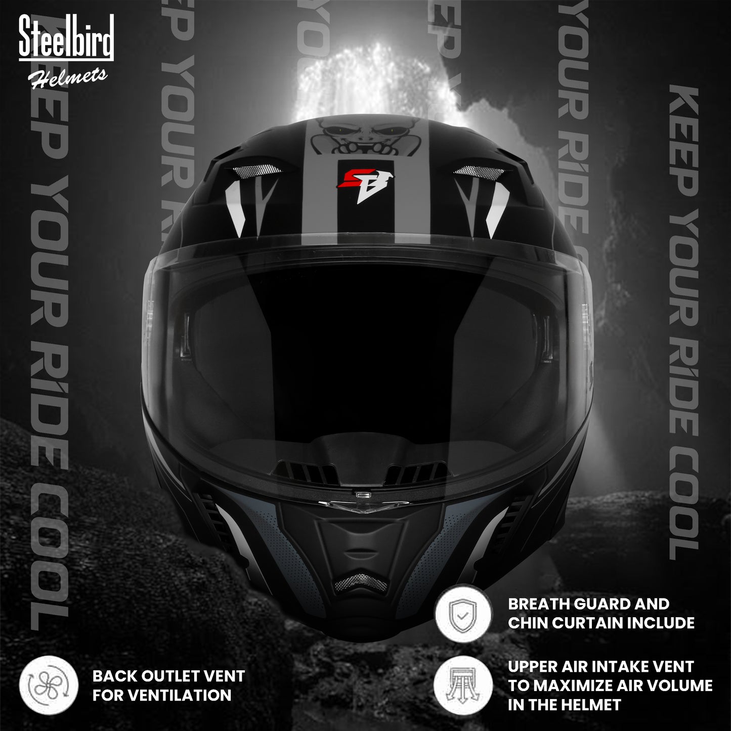 Steelbird SBA-20 Strange ISI Certified Flip-Up Graphic Helmet for Men and Women (Glossy Black Grey)