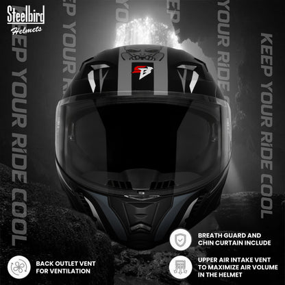 Steelbird SBA-20 Strange ISI Certified Flip-Up Graphic Helmet for Men and Women (Glossy Black Grey)