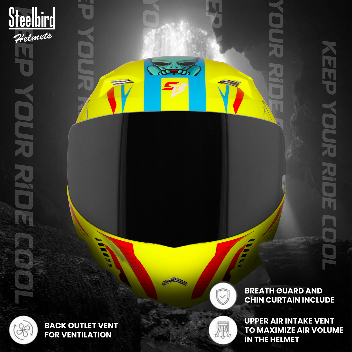 Steelbird SBA-20 Strange ISI Certified Flip-Up Graphic Helmet for Men and Women with Inner Silver Sun Shield (Glossy Fluo Neon Cyan Green with Smoke Visor)