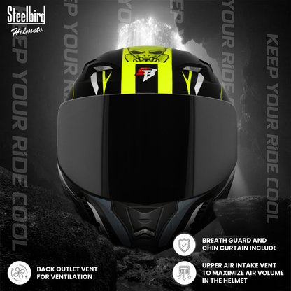 Steelbird SBA-20 Strange ISI Certified Flip-Up Graphic Helmet for Men and Women with Inner Silver Sun Shield (Glossy Black Neon with Smoke Visor)